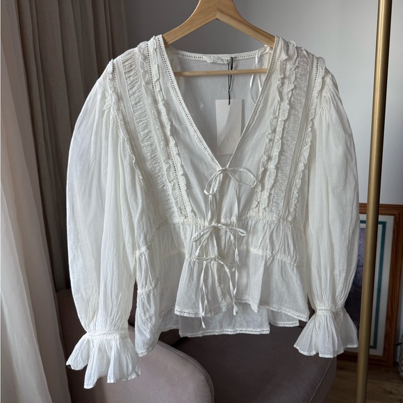 Zara ZW Romantic Ladder Stitch Blouse Oyster White M NWT - Picture 2 of 14